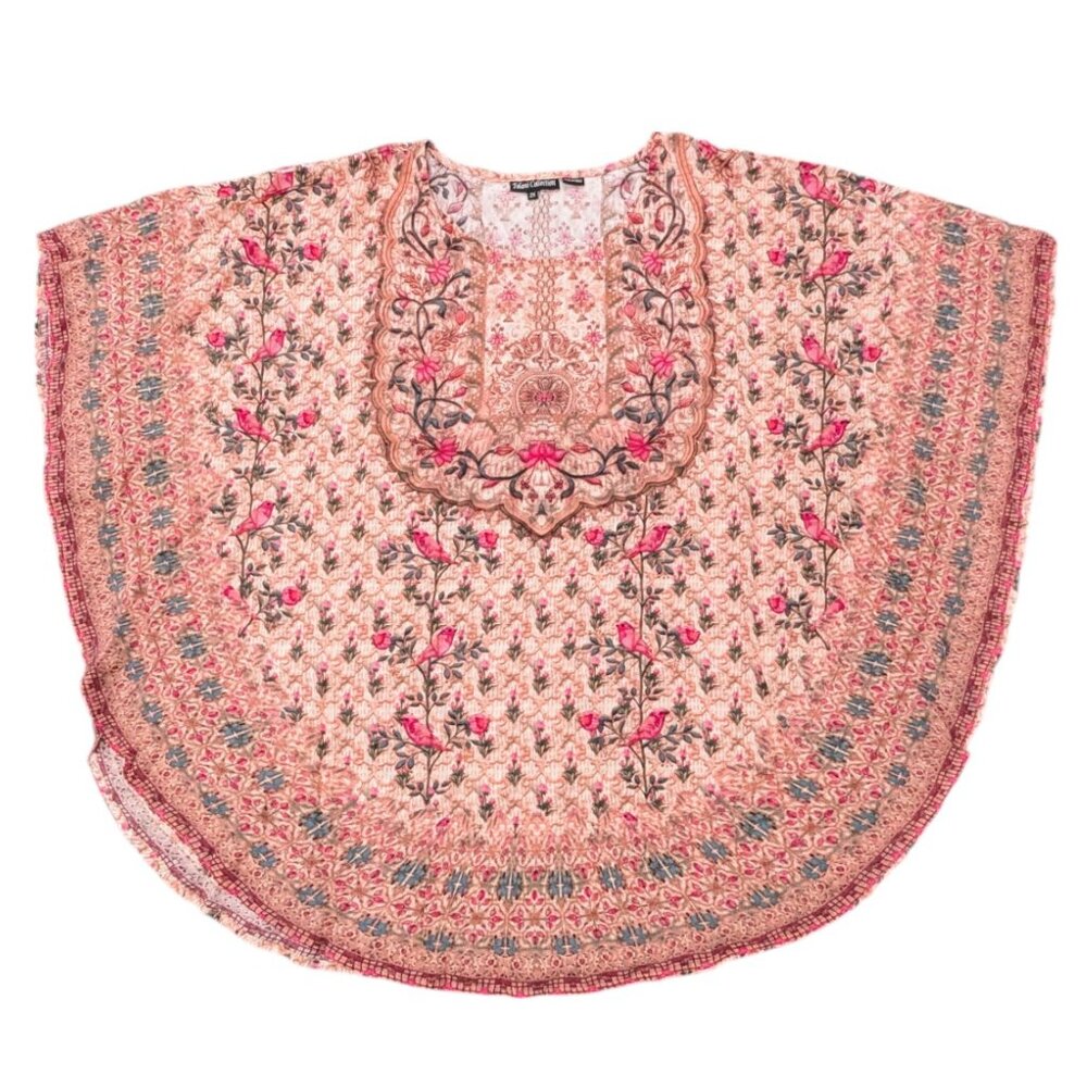 TOLANI Narissa Bird Caftan Top 2X Floral Pink Beige 100% Modal Poncho Kimono